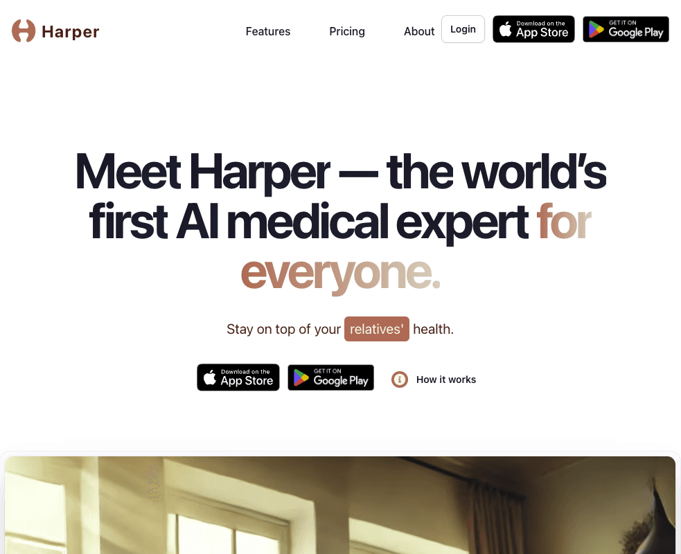 Harper landing page with the headline Meet Harper, the world's first AI medical expert for everyone.