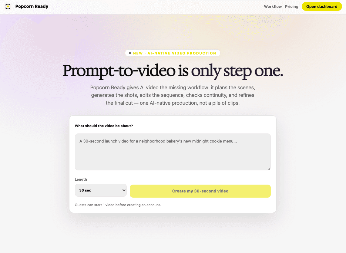 Popcorn Ready landing page with the headline Prompt-to-video is only step one.